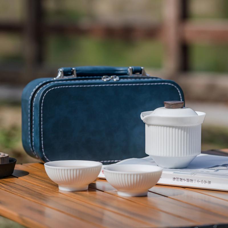 羊脂玉白瓷陶瓷快客杯旅行茶具套装一壶二杯户外便携式盖碗收纳袋