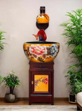 新款景德镇观赏陶瓷鱼缸循环流水摆件柜式带灯造景加湿器落地鱼盆