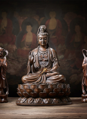 佛香天逸 铜观音菩萨佛像家用客厅佛堂摆件南海观世音微笑观音