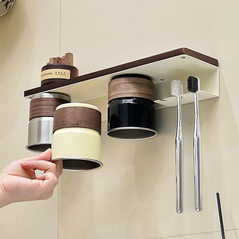 磁吸式漱口杯牙刷置物架壁挂免打孔高级感一家三口电动牙刷收纳层