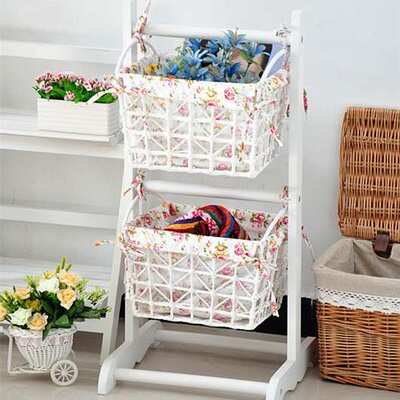 韩式置物吊篮白色实木花篮储物收纳田园落地架客厅整理架可折叠