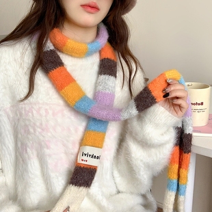 韩版细窄长条多巴胺彩虹配色毛绒针织围巾女秋冬小众百搭保暖围脖