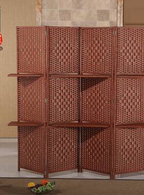 6动R草编屏风隔断易折叠客厅玄关IVC置物移折屏简约中式简编实木