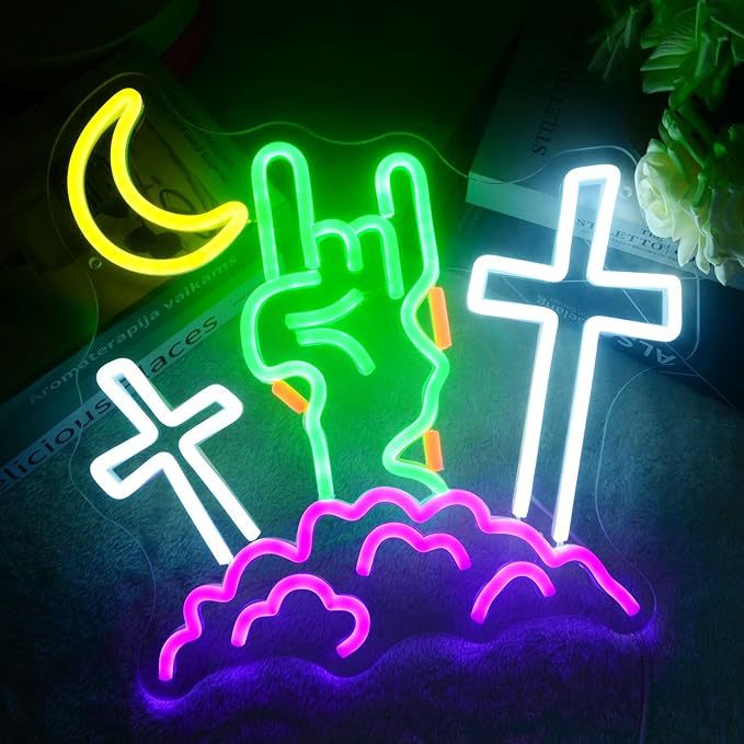 万圣节恶魔霓虹招牌摇滚手势与月亮和云交叉霓虹LED灯万圣节派对