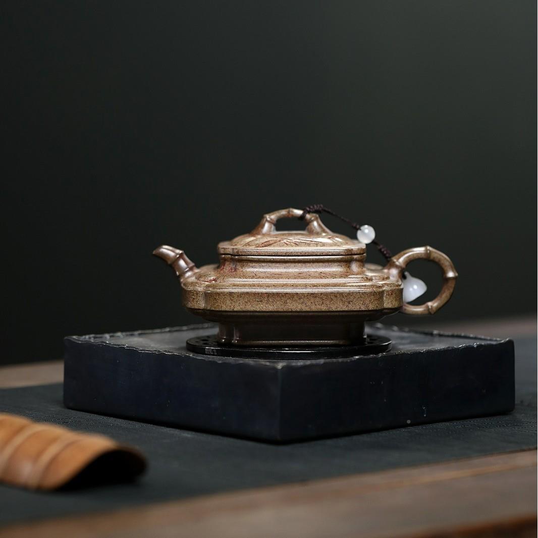 宜兴紫砂壶匠ZHIFU-91手工制作节原矿沉香人泥方竹虚扁四茶具分销