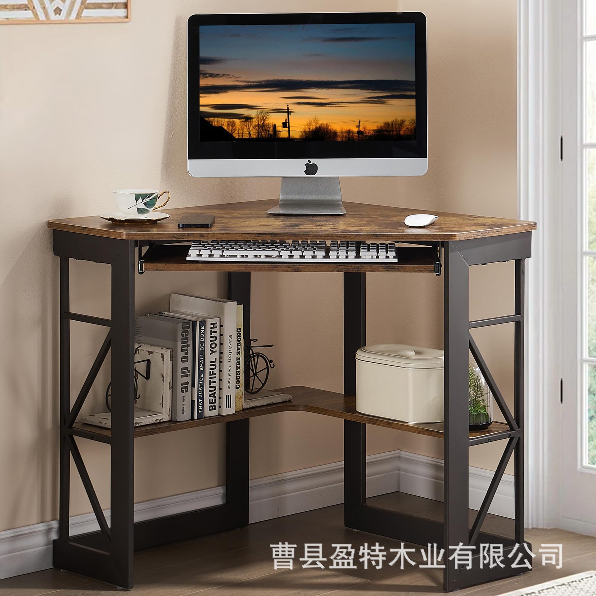 墙壁转角带键盘隔层电脑桌