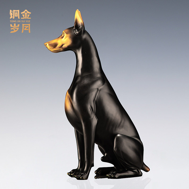 铜艺坊坐立杜宾犬铜狗摆件杜宾犬彩铜器工艺品家居入户玄关铜摆件