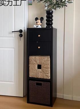 复风黑色卡莱克一格子收柜纳书柜古体靠墙置物架简约电视柜HYR收