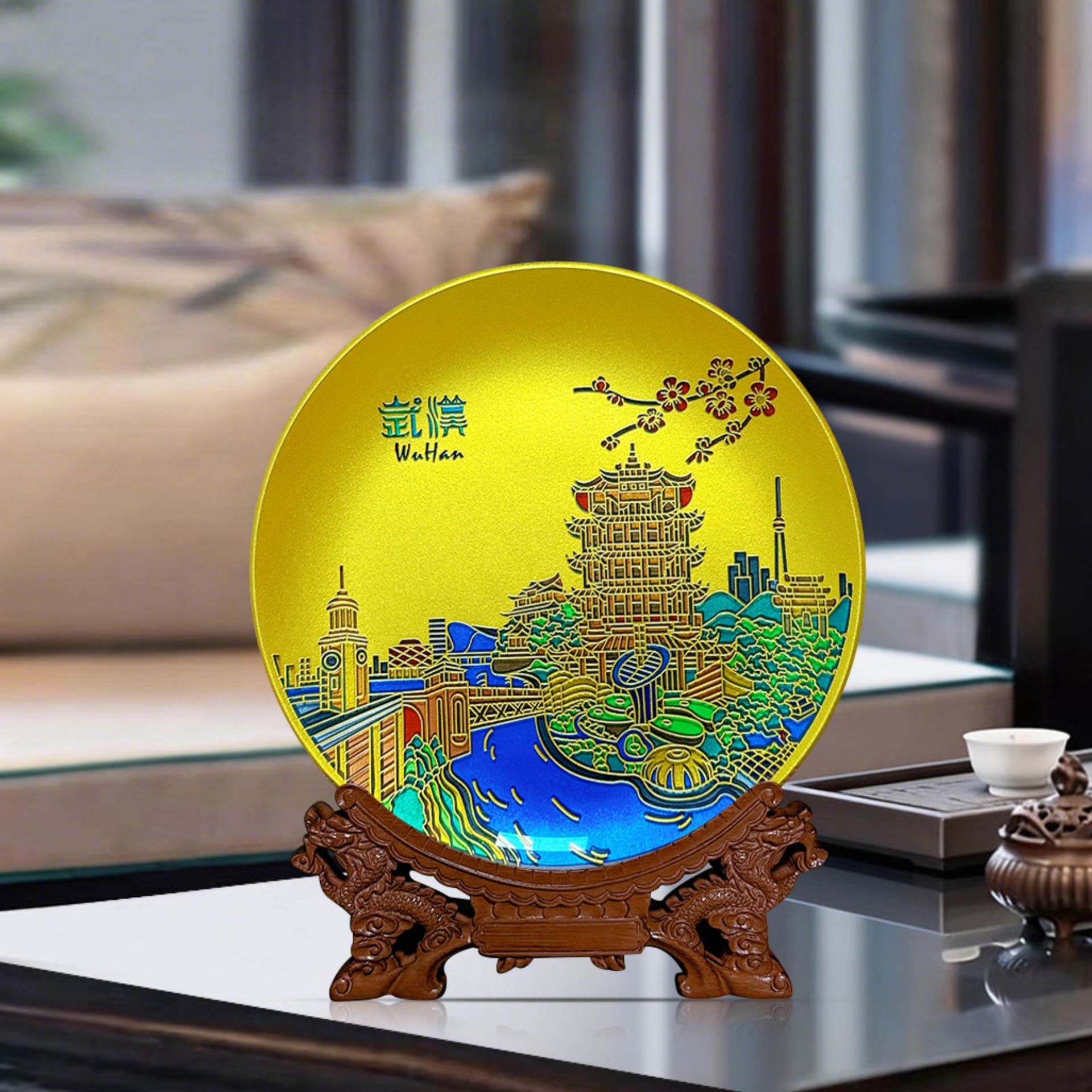 百福十年制造湖北城市风光景点纪念品黄鹤楼晶化玻璃圆盘晶雕彩绘