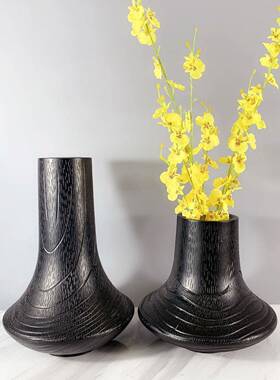 现关代简约黑色后木纹花器创意花间瓶样板家居玄电5222视柜干花插