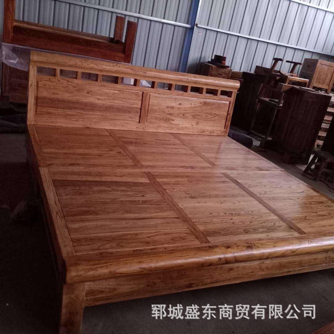 新中式人老榆木双床民宿045家用床风实化自然纹理卯榫结木构双人