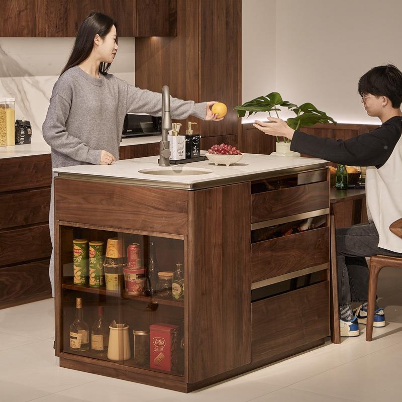 北美黑胡木桃实柜木岩板岛台餐厅简约JKX吧台台餐边一体餐桌中岛