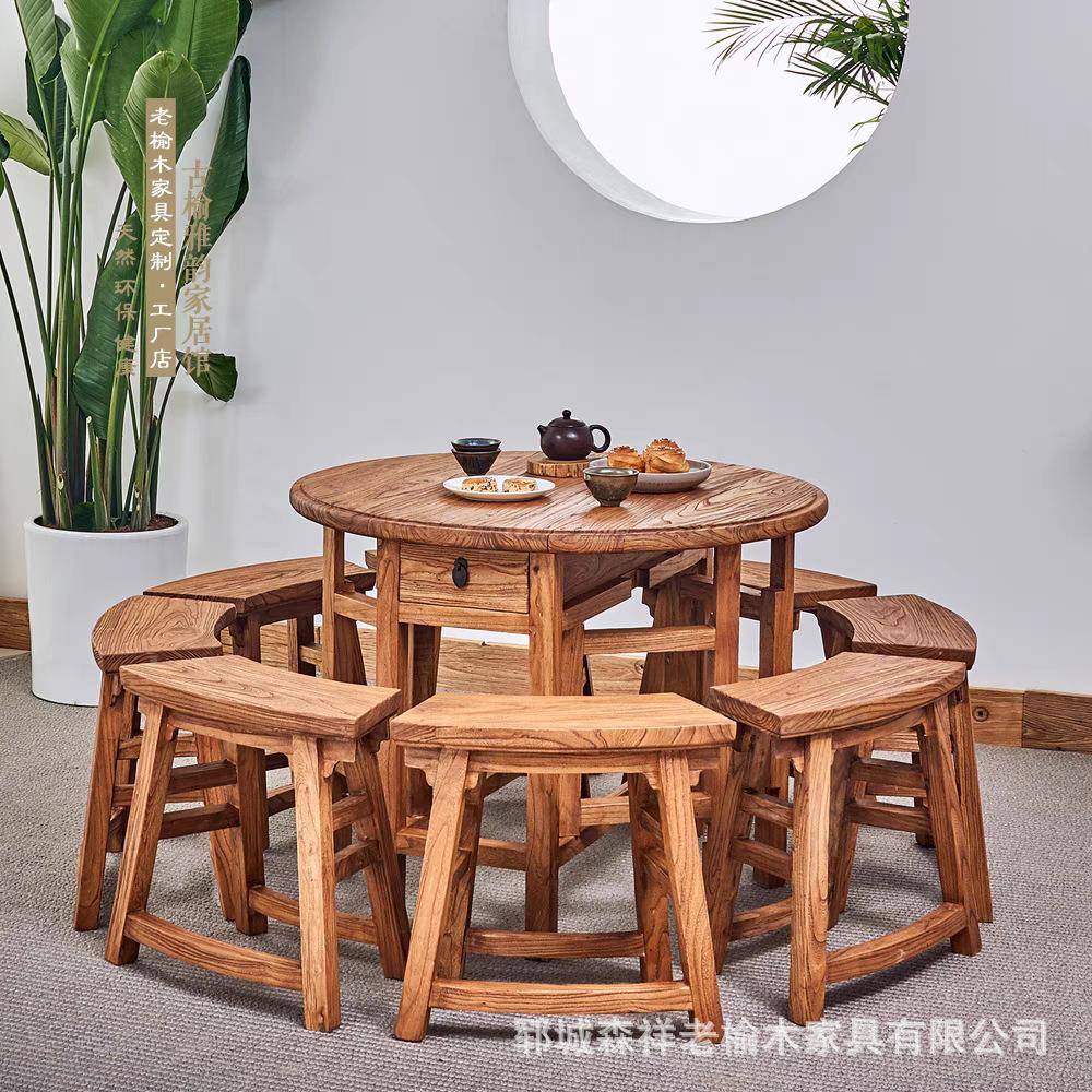 家用小户型餐老桌榆木圆20241105桌饭椅店桌包间实木餐桌组合新中
