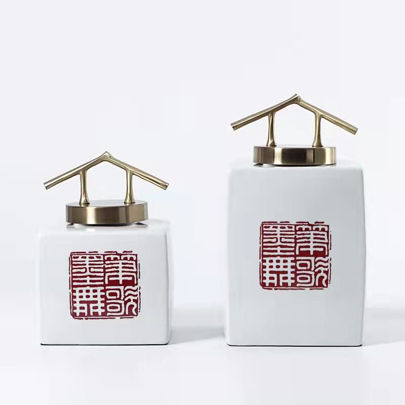 新中式红印章陶瓷储物罐