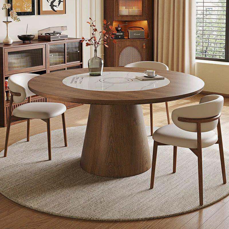 中古风实桌餐YEQ家用多功能带暖菜电磁炉旋转木转盘圆形白桌蜡木