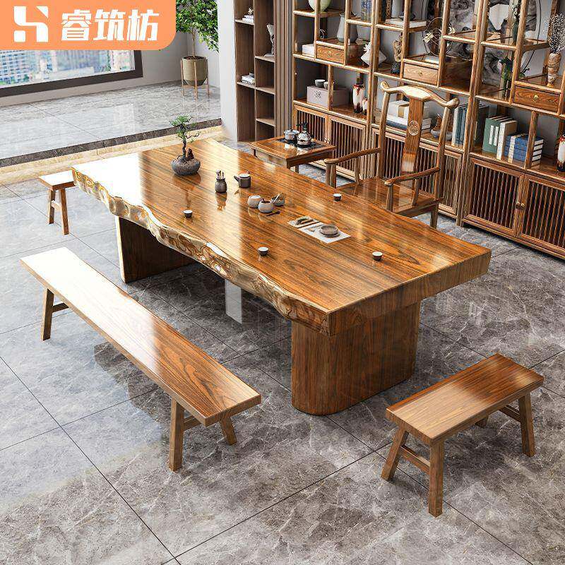 实原木大板茶桌椅整套装组合一桌五椅新中式IOU茶几办公室木板泡