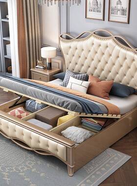 美式轻奢实木床主8卧双人大床.现代简2约HVY米橡木欧式公主软1包