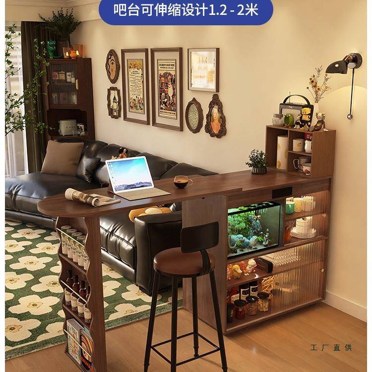 吧台桌子一体伸旋转缩家用客厅沙发隔胡断柜复古桃可HVX色实木窄