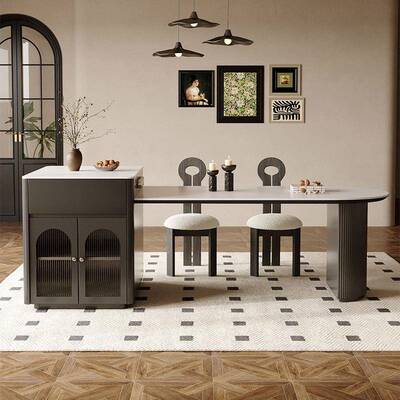 新奢款中古风岩板岛台餐一体桌家用轻小户黑FTO色半圆可伸缩中倒