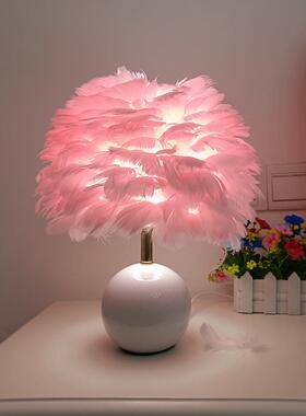创意彩陶瓷圆球羽白毛灯色台粉色NSE灰色色鹅毛灯简约卧室装饰氛
