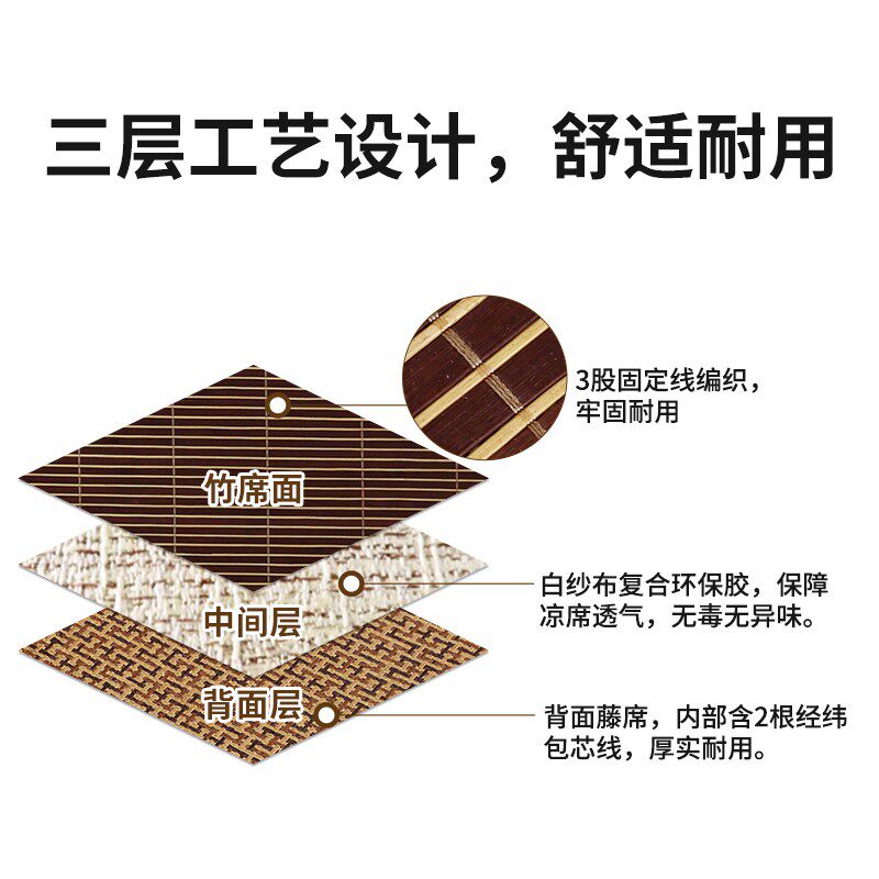 老席匠两用凉席竹席1.8m床折叠双面1.5米藤草席三件套单人1.2席子