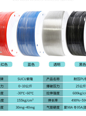 PU气管气动泵空压机高压透明软管8*5/6*4/10*6.5/12*8mm红蓝黑色