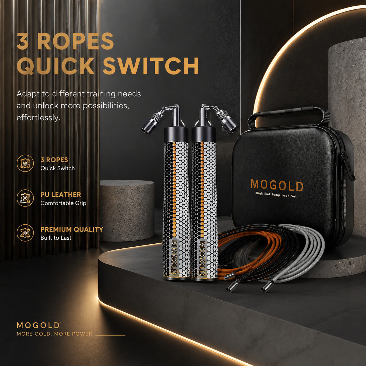 MOGOLD专业负重钻石款钢丝轴承跳绳PU皮套手柄三绳卡扣暴汗燃脂