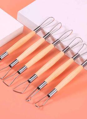 6件套木制带不锈钢丝双头泥塑雕刻扁丝刀陶泥辅助工具 环形扁丝刀