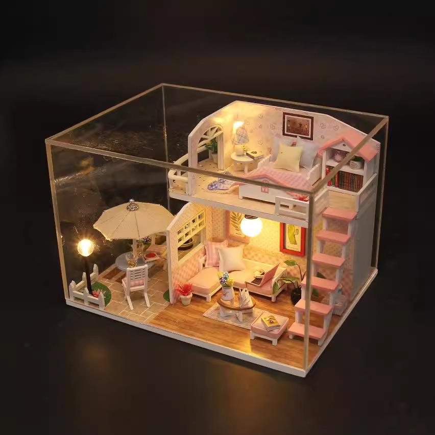 弘达DIY小屋粉黛阁楼 手工拼装迷你别墅模型 木质diy小屋创意礼品