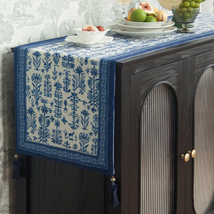 亚麻桌旗新中式防水茶旗法式中古斗柜边柜台布长条盖布床旗定制