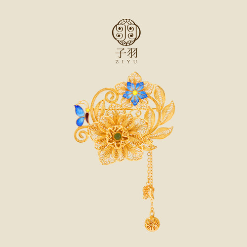 非遗花丝珐琅彩纯银流苏胸针