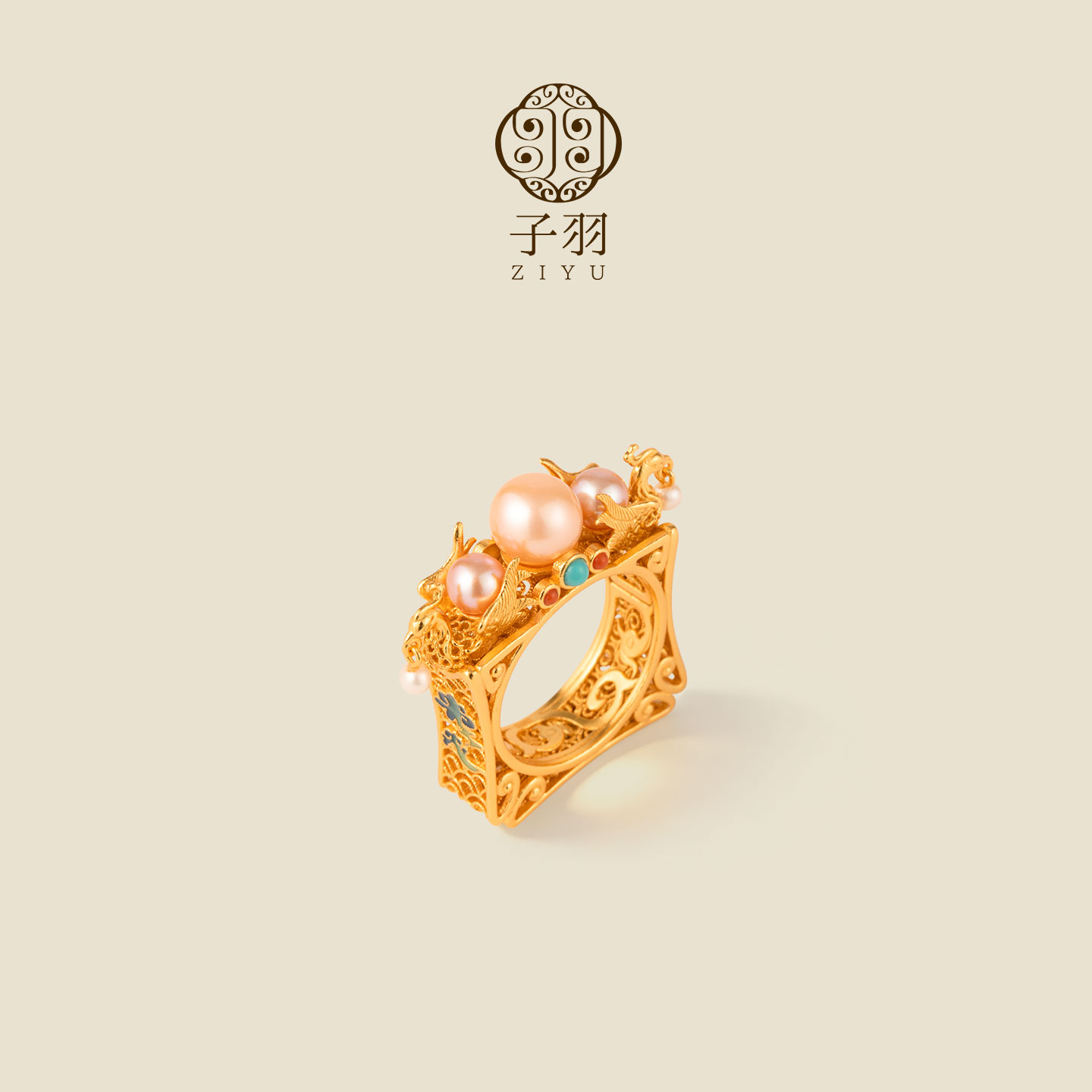 非遗花丝珐琅彩凤凰珍珠银戒指图片