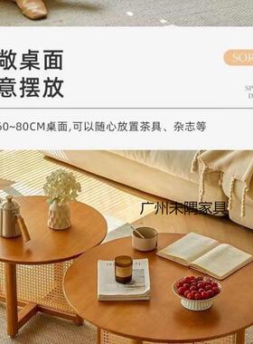 日式原木实藤编简茶几约客厅阳沙台家用小木户型圆形IUO发桌子茶