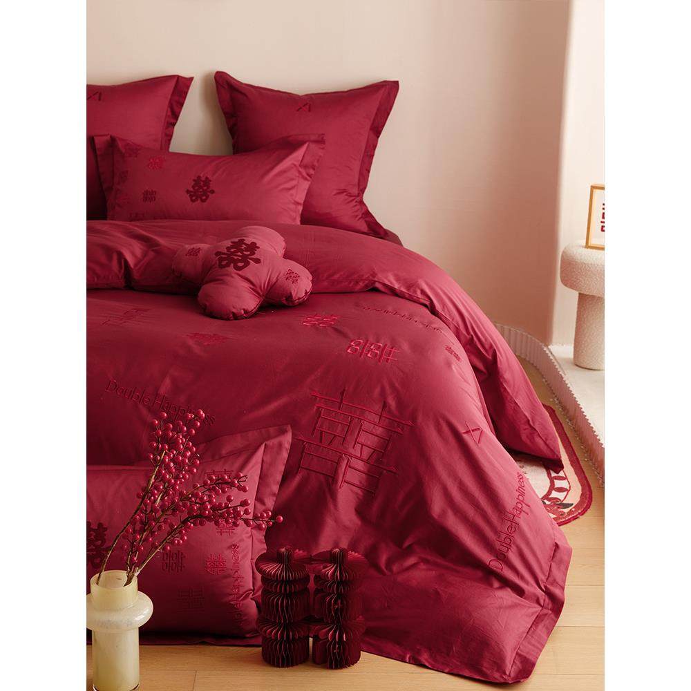 结高端婚庆140S长绒棉四件套纯棉款全棉新婚房喜字床tb-73462笠红,床上用品,酒店床品套件,淘宝优惠券,粉丝福利购,淘宝优惠卷