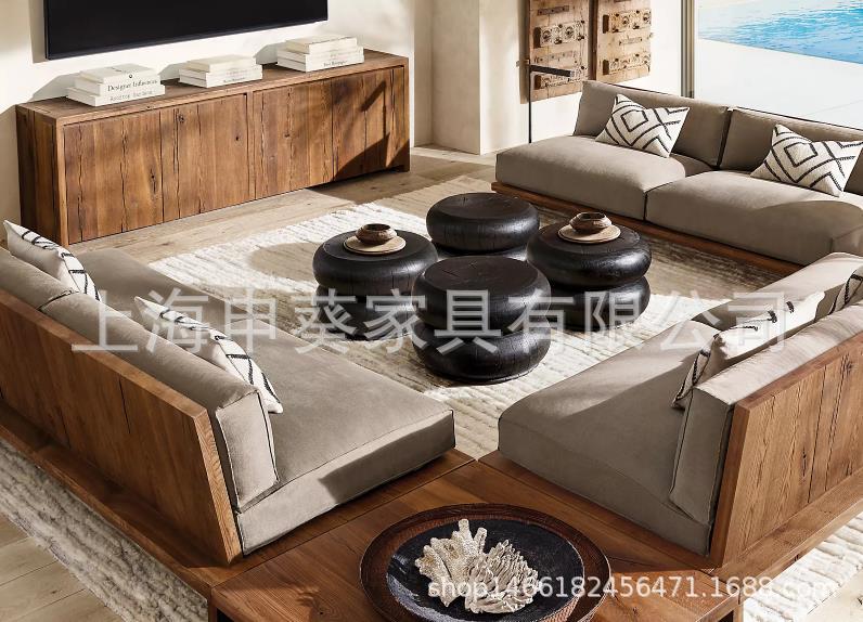 美式乡村实木简约轻奢单双多人沙发电视柜茶几组合客厅别墅样板房