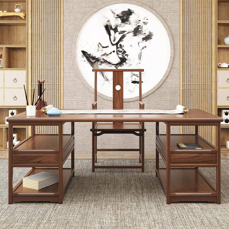 LAP现新中式实木式大书桌画案书画桌书法桌中办公全桌书架一体代