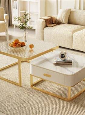 客L佴3奶风茶几家用简约轻奢现代岩板爆款小VKN户油型伸缩茶几红