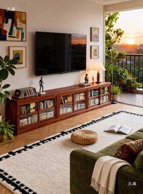 美储CRO实木电视柜客厅组合收家用落地纳物柜矮书柜式带玻璃门防