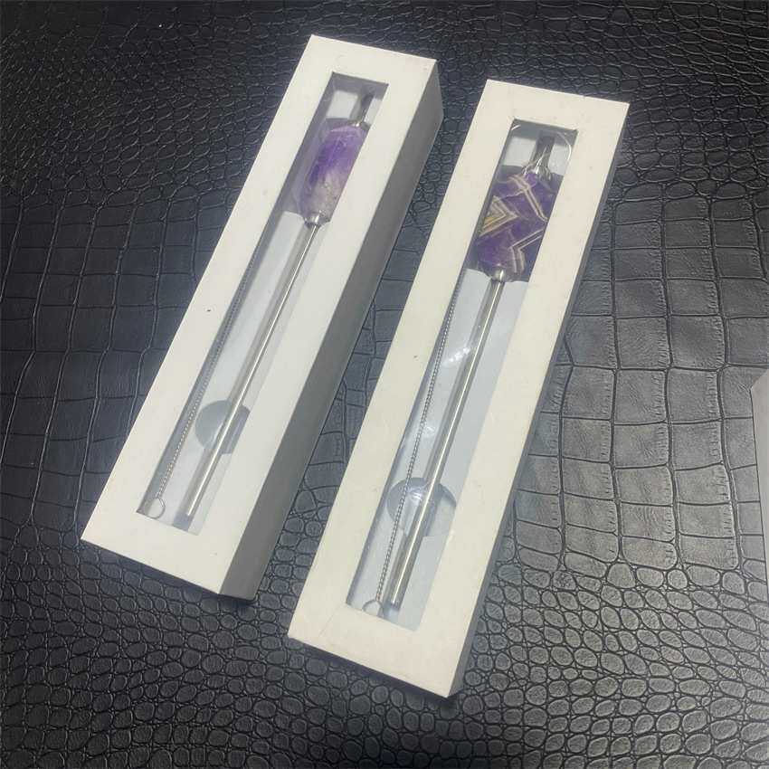 亚马逊热销天然水晶原石六棱柱304不锈钢吸管水晶柱搅拌器能量棒