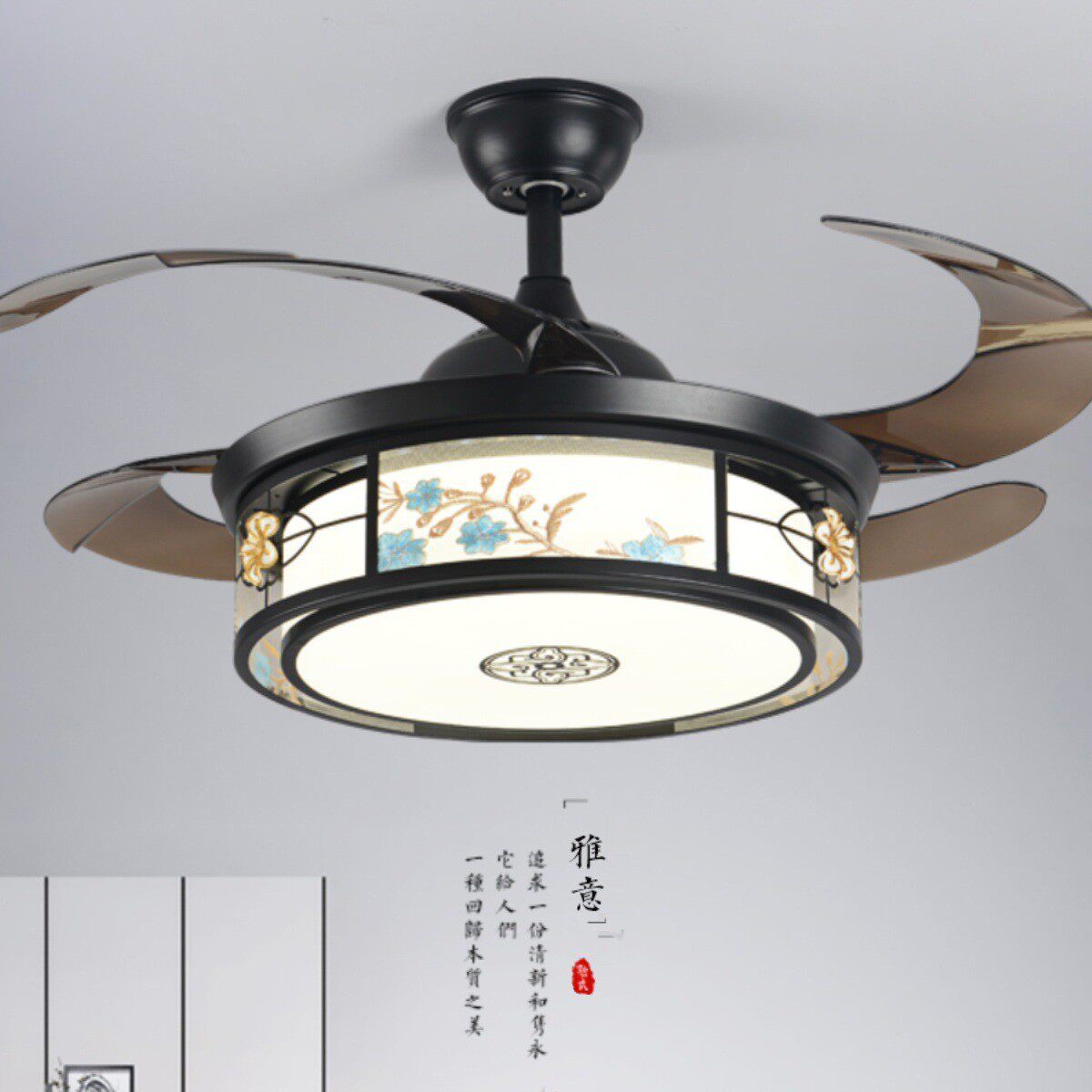 新中式餐厅风扇灯禅意中国风卧室电扇吊灯复古遥控LED圆形餐吊