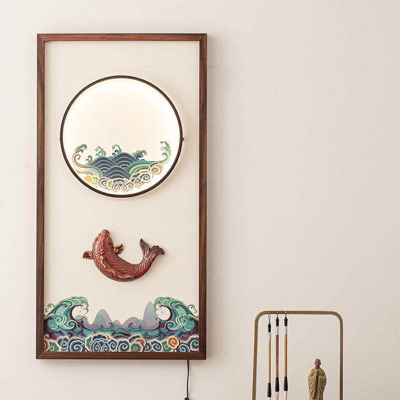 立体客厅方形壁挂胡桃木陶瓷挂画中式宣贯实木禅意装饰画
