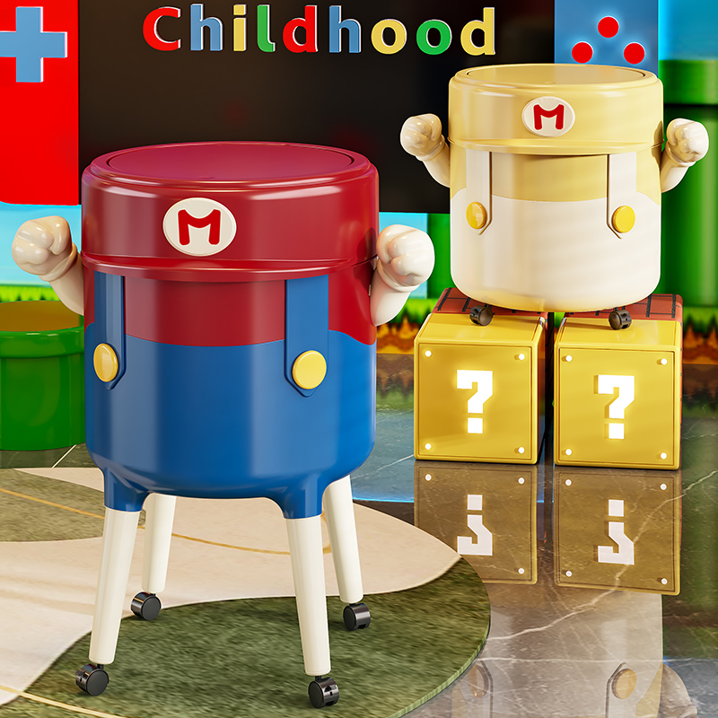 家佳佳卡通垃圾桶马里2025新款厨房卧室客厅家用可爱免弯腰可移动