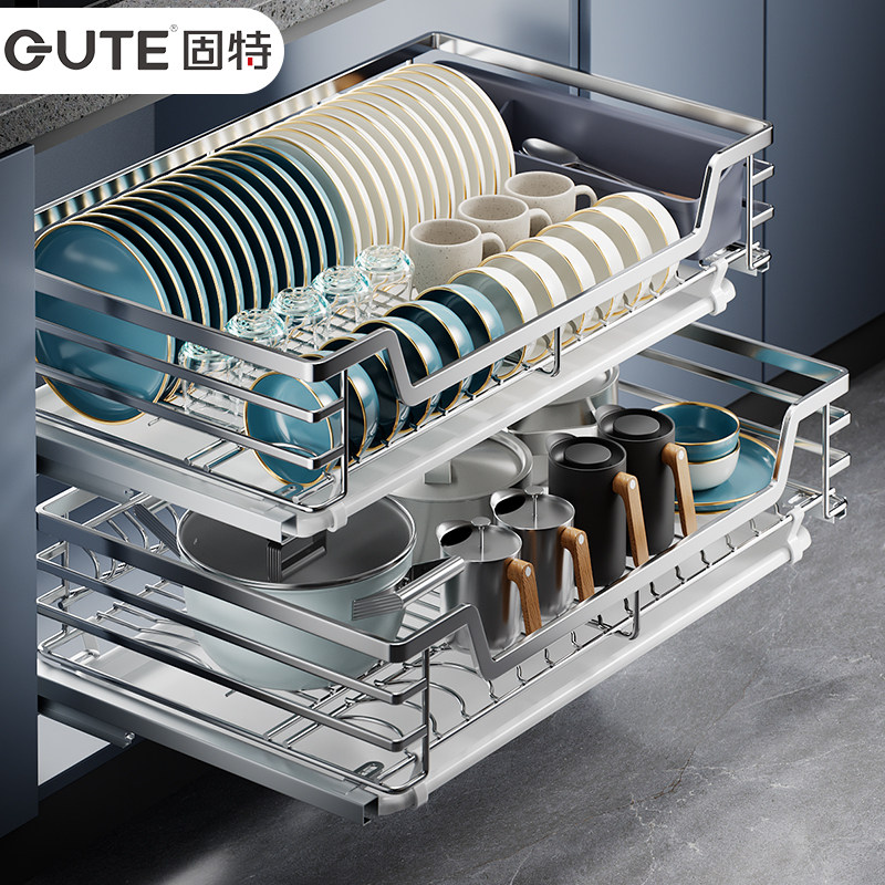 固特304不锈钢厨房拉篮橱柜抽屉式双层碗篮碗碟收纳碗筷架置物架