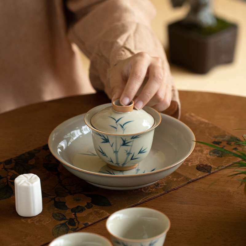 冰台仿古手绘茶碗手绘青花竹子陶瓷盖碗家用泡茶盖碗二才盖杯个人