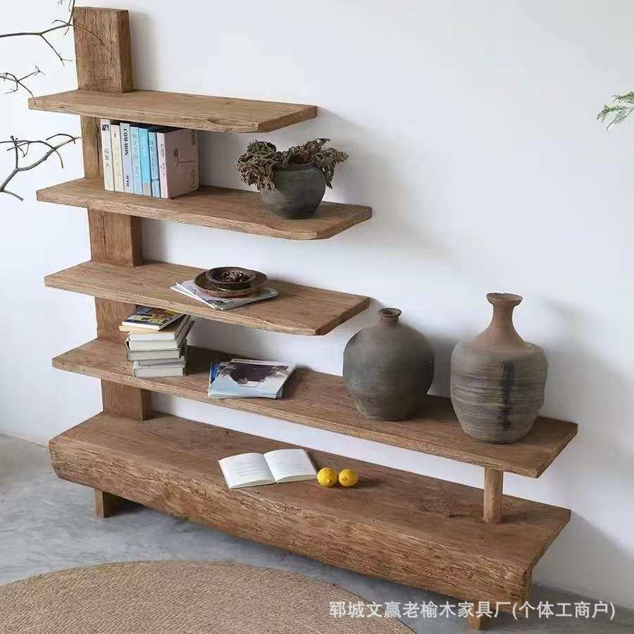 老榆木架子多层茶壶瓷器博古架实木一字隔板装饰架可移动墙壁书架