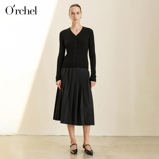 Orchel/欧榭丽2026新款绵羊毛V领修身显瘦长袖针织开衫女