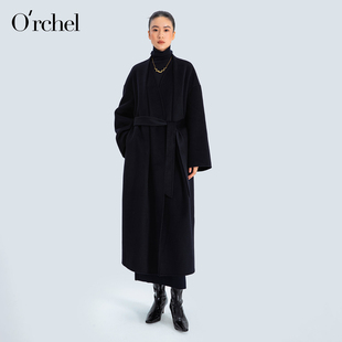 Orchel/欧榭丽轻奢系带100山羊绒外套女长款设计感假两件大衣