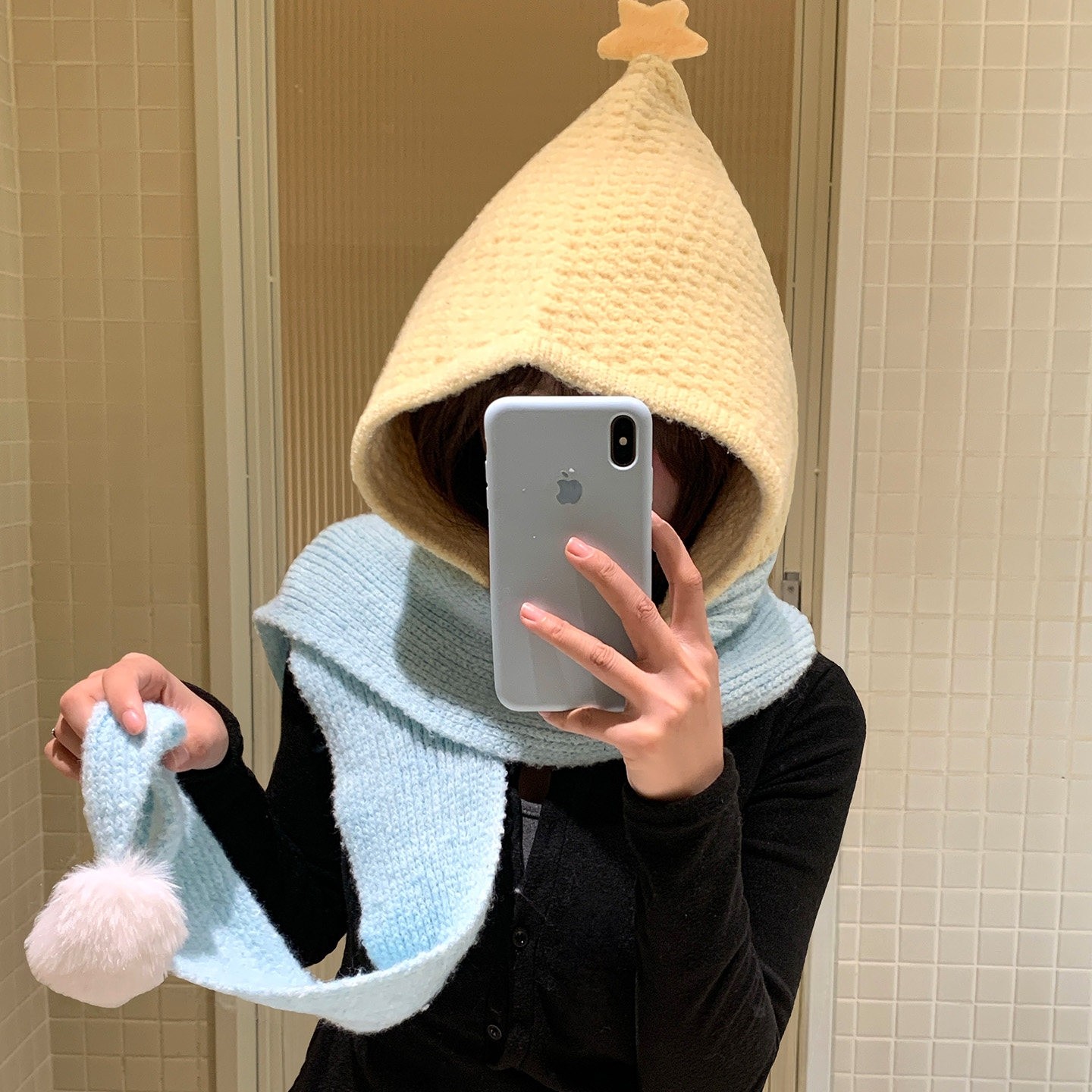 可爱减龄黄色星星针织帽子围巾一体女冬季礼物保暖少女学生毛线帽