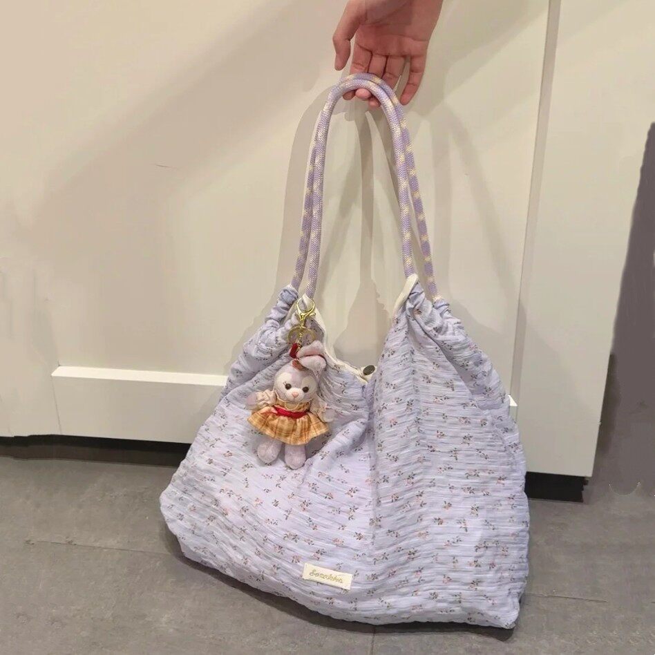 韩系紫色碎花大容量单肩帆布包日常通勤腋下单肩托特包百搭手提包