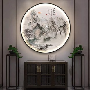 流水生财玄关装饰画带灯led发光壁画入户玄关画茶室走廊山水挂画